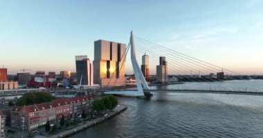 Erasmusbridge 'in, Erasmusbrug' un ve Rotterdam 'daki Nieuwe Maas nehrinin hava aracı görüntüsü. Hollanda 'da..