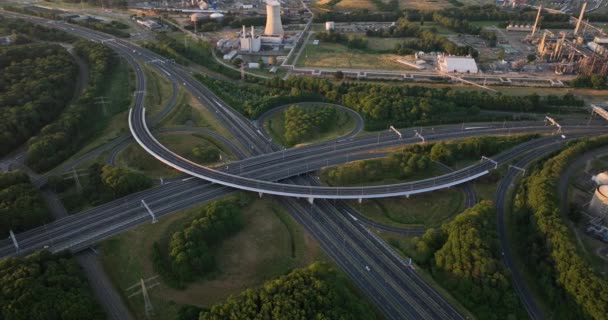 Aerial Drone Views Cloverleaf Intersection Highway Dusk Netherlands — Stock Video