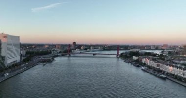 Willemsbrug kablosunun hava aracı görüntüsü Nieuwe Maas nehri üzerindeki başıboş köprüyü gösteriyor..