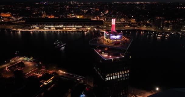 Letecký Bezpilotní Pohled Panorama Amsterdamu Noci Vyhlídková Plošina Hlavním Městě — Stock video