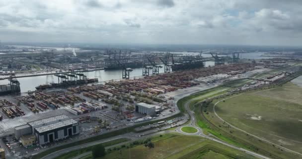 无人机对集装箱港口物流 全球大规模货物运输以及比利时安特卫普港 欧洲最大港口之一 运输业的看法 空中业务 — 图库视频影像