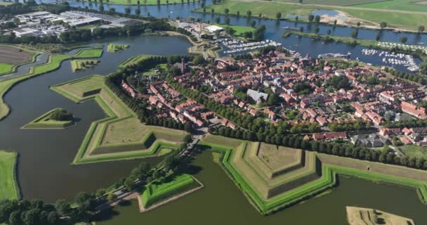 Aerial Drone Footage Old Fortified City Canals Surrounding Town Cultural — Stock Video