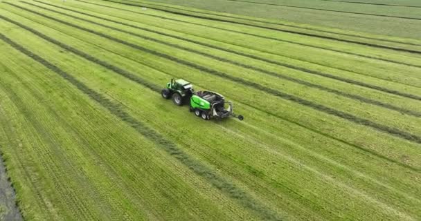 Traktor Som Arbetar Marken Skörd Gräs Jordbruksmaskiner — Stockvideo