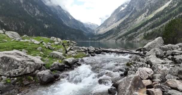 Воздух Горного Озера Дикая Природа Туризм Альпийское Озеро Мбаппе Лесные — стоковое видео