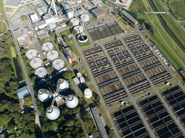 Aerial Drone View Sewage Treatment Plant Industrial Installation Cleaning Purifying — Stock Photo, Image