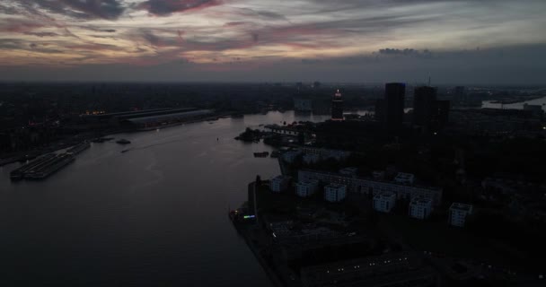 Aerial Drone View Amsterdam City Skyline Night Featuring River Ferries — Stock Video