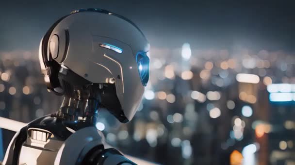 Sztuczna Inteligencja Robot Patrząc Panoramę Miasta Nocy — Wideo stockowe