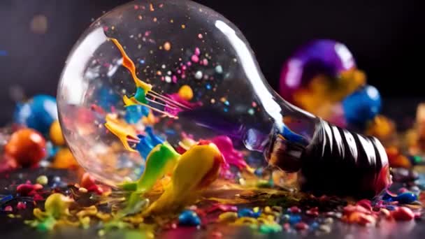Ampoule Explose Avec Peinture Colorée Éclaboussures Sur Fond Noir Penser — Video