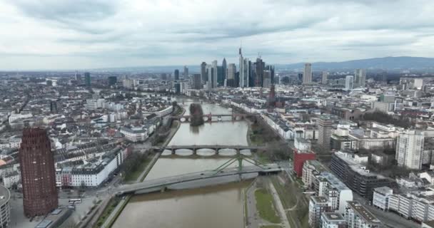 Aerial Drone View Frank Main Skyline City Panoramic Germany Aerial — Stock Video