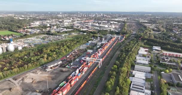 Intermodaal Van Spoor Naar Weg Waterwegen Containerterminal Dortmund Duitsland Luchtdrone — Stockvideo