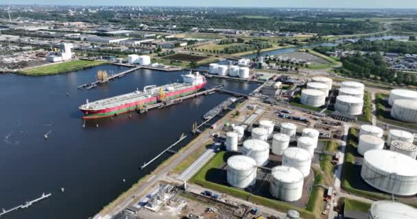 Aerial Drone View Petrochemical Tanker Port Storage Containers Infrastructure Amsterdam — Stock Video