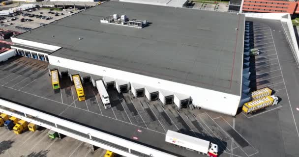2023年6月14日 オランダ ジャンボ流通センターのトラックのドローンビュー — ストック動画