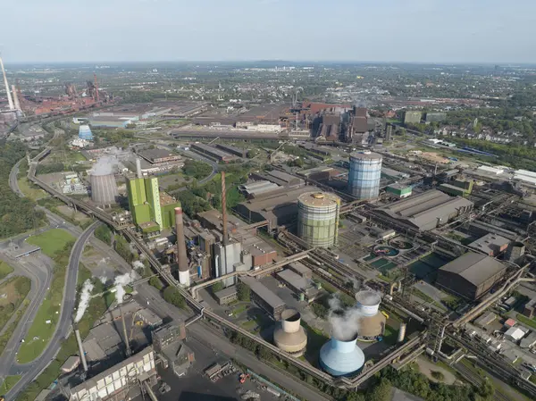 Aerial drone views of a metallurgical factory and metal production in Duisburg, Germany.