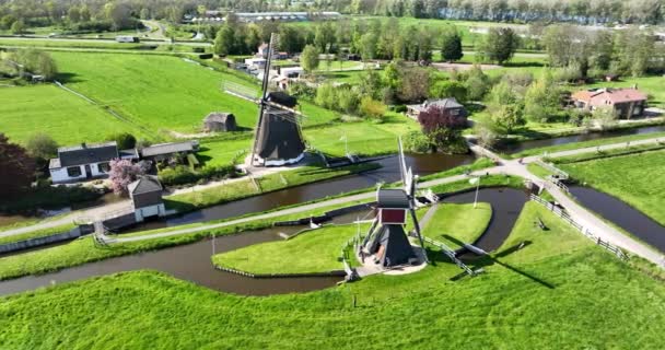 Пара Исторических Ветряных Мельниц Голландском Польдере Наследие Нидерландов — стоковое видео