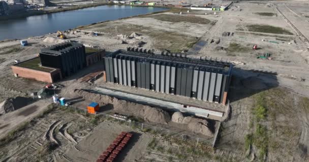 Elektriciteitsstation Elektriciteitsdistributie Energiefaciliteit Ijburg Amsterdam Nieuwbouw Woonwijk Luchtdrone Zicht — Stockvideo
