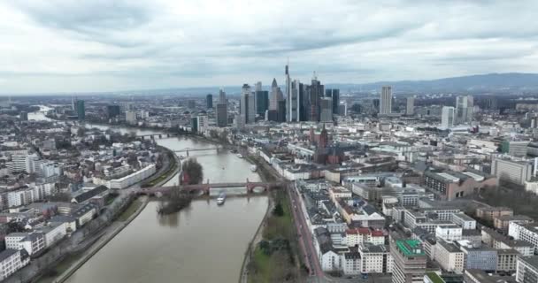 Letecký Výhled Frankfurt Nad Mohanem Německo Panorama Oblačného Dne Finanční — Stock video