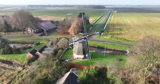 Poldermolen Ruiten Eight Sided Thatched Ground Sailer Windmill Netherlands Aerial — Stock Video