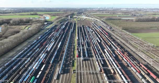 列車のデポ レールの上の輸送 商品や原材料の輸送のための列車や列車 空中ドローンビュー — ストック動画