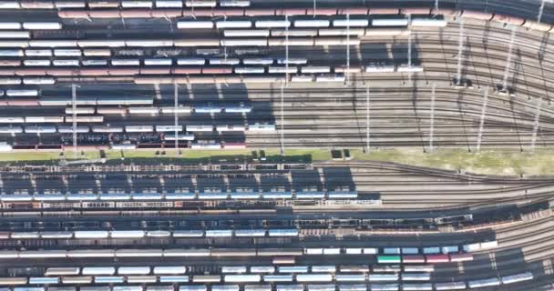 列車のデポ レールの上の輸送 商品や原材料の輸送のための列車や列車 エアリアルトップダウンドローンビュー — ストック動画