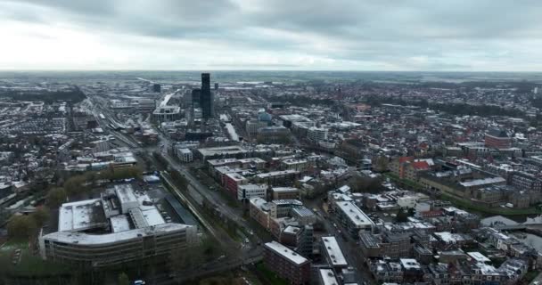Vista Aérea Drone Leeuwarden Centro Cidade Incluindo Edifícios Lojas Marcos — Vídeo de Stock