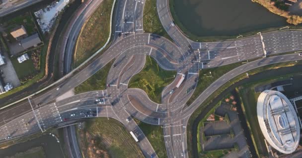 Complex Roundabout Intersection Turbo Roundabout Traffic Flow Intersection Aerial Drone — Stock Video