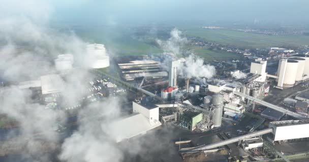 糖加工设施 食品加工 甜菜和糖类产品 从烟囱里冒出来的蒸汽 — 图库视频影像