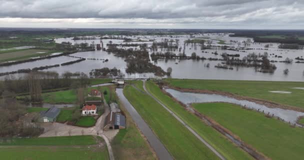 Vista Aérea Drones Alta Inundación Agua Río Ijssel Los Países — Vídeos de Stock