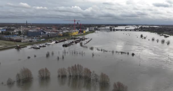 Flooding Ijssel River High Water Water Damage Aerial Drone View — Stock Video