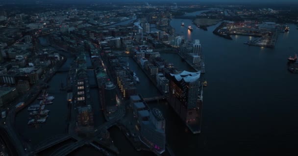 Fåglar Syn Staden Hamburg Hafen Stad Elbphilharmonie Konserthus Och Floden — Stockvideo
