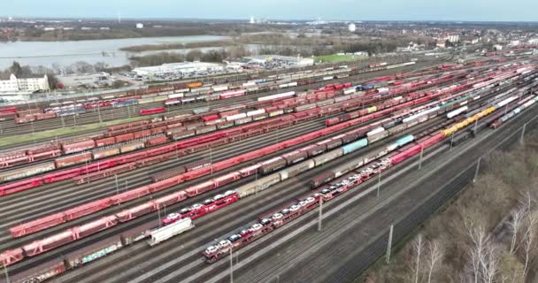Spoorwegterminal Treinwerf Vogels Oog Luchtfoto Drone Uitzicht Vervoer Spoor Duitsland — Stockvideo