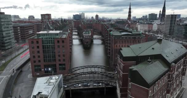 Speicherstadt Hamburg Magasin Som Världsarv Ansluten Med Broar Landmärke Och — Stockvideo