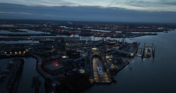 Puerto Industrial Comercial Hamburgo Alemania Atardecer — Vídeo de stock