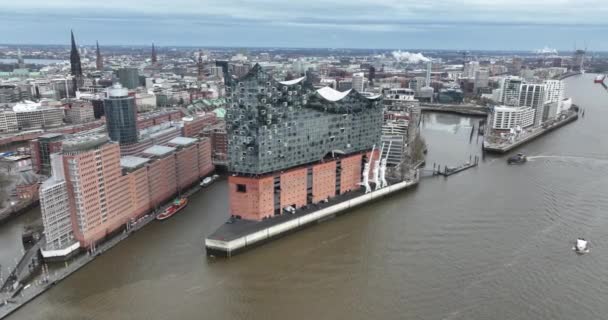 Hamburg Şehir Manzarası Elbe Nehri Ndeki Konser Salonu Yerleşim Yerleri — Stok video