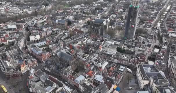 Stadtzentrum Von Utrecht Historische Stadthäuser Und Dom Kathedrale Renovierung Großstadt — Stockvideo