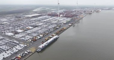 Antwerp Euroterminal 'in farklı türde kargo ve işlemler kırıcı, konteynır, proje yükü, ağır asansörler, arabalar ve diğer RoRo-birimleri günlük olarak. Hava aracı görünümü.