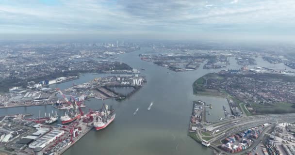 Αεροφωτογραφία Του Ορίζοντα Πάνω Από Nieuwe Maas Λιμάνι Του Ρότερνταμ — Αρχείο Βίντεο