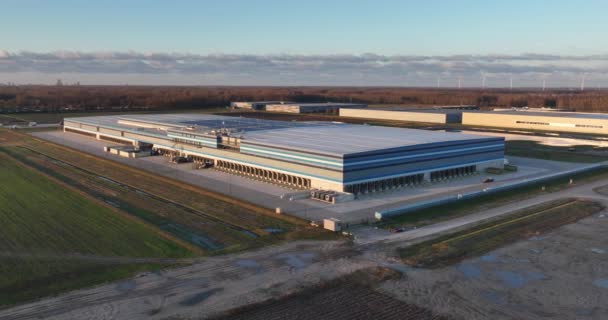Moderno Centro Distribuzione Sostenibile Utilizzato Fornitura Supermercati Vista Aerea Drone — Video Stock