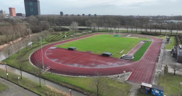 Sports Field Runners Track Aerial Drone View Athletics Running Track — Stock Video