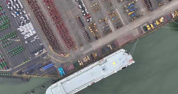 ベルギーのゼブリッジ港のロールオンロールオフ端子の空中ドローンビュー — ストック動画