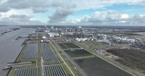 Sustainable Solar Panels Sight Fossil Fuels Aerial Drone View — Stock Video
