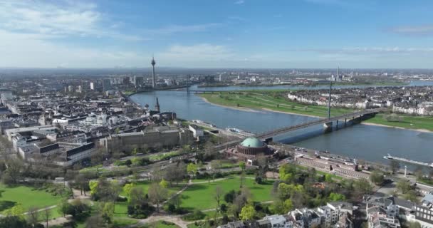 Vista Aérea Drone Horizonte Cidade Dusseldorf Alemanha Skyline Cidade Torre — Vídeo de Stock