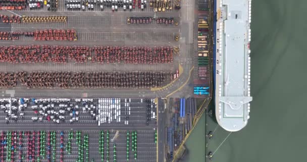 比利时西佛兰德省Zeebrugge 2024年3月3日 在比利时Zeebrugge港的一个滚装码头的空中无人机视图 — 图库视频影像