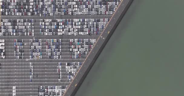 Widok Drona Lotniczego Rolkę Roll Terminalu Wypełnione Samochodami Gotowymi Transportu — Wideo stockowe