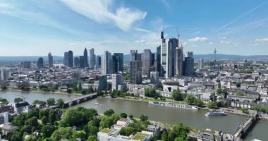 Frankfurt am Main, Hessen, Germany. Large city skyscrapers, Main river and high rise buildings. Urban city overview, Skyline.