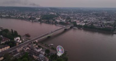 Aerial drone view of the city of Bonn, Germany, at dusk