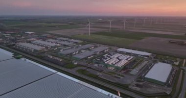 Artificial intelligience infrastructure, large datacenter in The Netherlands. Aerial drone view.