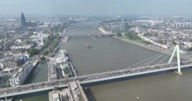 Cologne, Germany, cable stayed nridge over the rhine river called severinsbrucke. Aerial drone view.