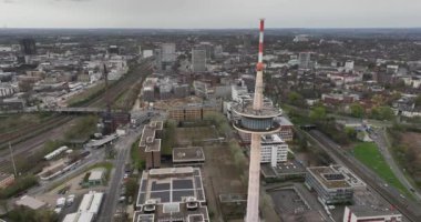 Aerial overview of the telecommunications tower, railway station and suviertel in Essen, Germany, North Rhine-Westphalia