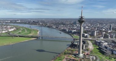 Dusseldorf rhine tower, icon on the city. Birds eye view over the city. Urban city view.