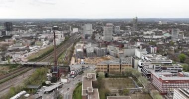 Aerial city warming, thermal heating installation in the city of Essen, Germany. Household energy. Birds eye view.